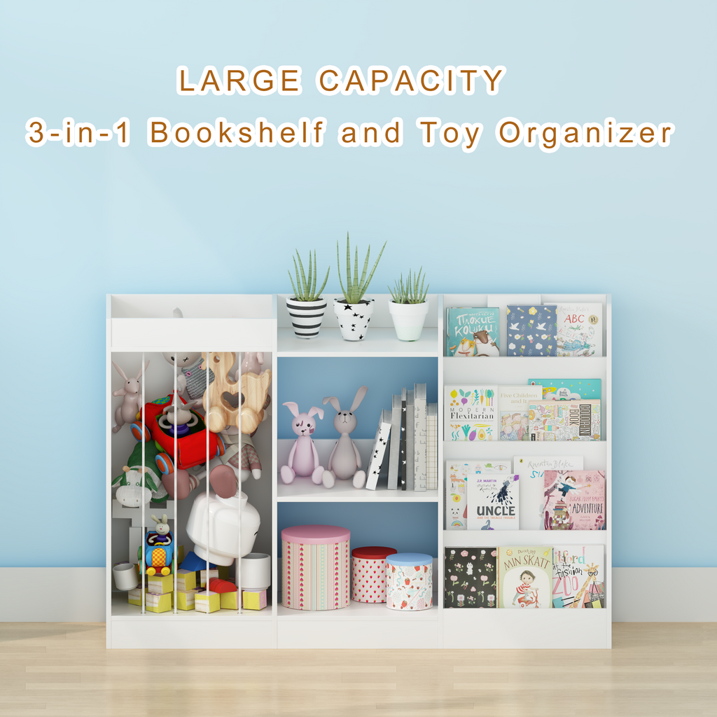 3-in-1 Kids Bookshelf and Toy Storage, 4-Tier Book Shelf for Kids Rooms, Sling Baby Bookcase with Stuffed Animal Storage, Tod