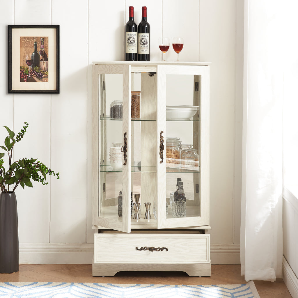 Glass Cabinet Lighted Glass Cabinet Curio Display Cabinet with Adjustable Glass Shelves 2 Doors and 1 drawer Cabinet Bulb Included White - Grand Goldman Shop