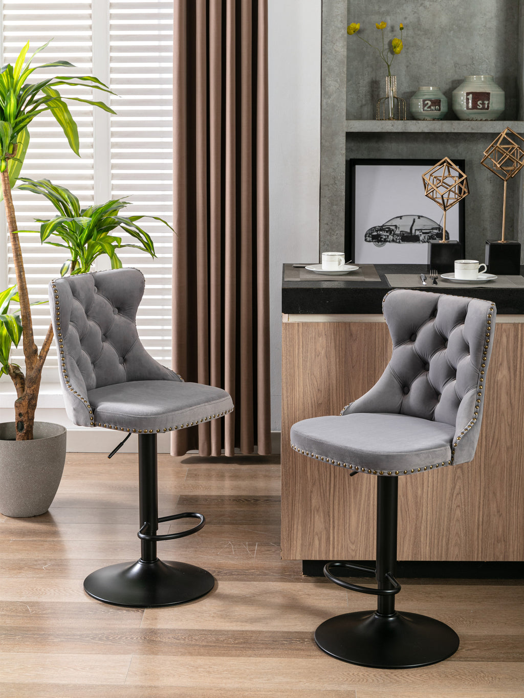 A&A Furniture,Swivel Velvet Barstools Adjusatble Seat Height from 25-33 Inch,17.7 inch base, Modern Upholstered Bar Stools with Backs Comfortable Tufted for Home Pub and Kitchen Island,Gray,Set of 2 - Grand Goldman Shop