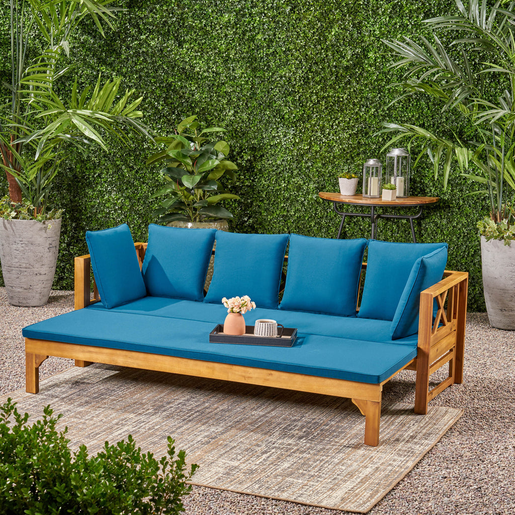Outdoor Daybed with X-Shaped Panel Backrest and Armrests, Teak - Grand Goldman Shop