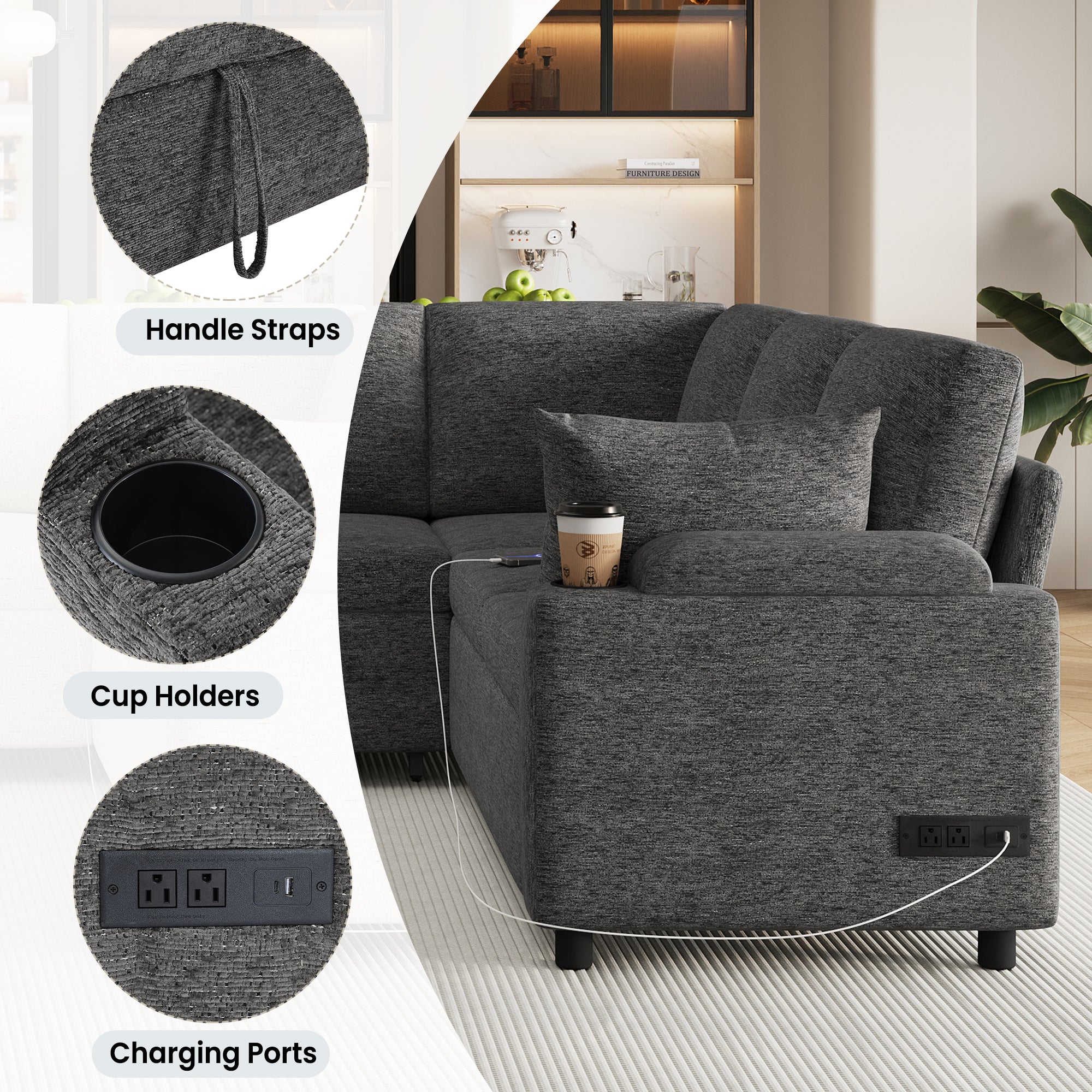 Versatile U-Shaped Sectional Sofa Bed with Storage, Cup Holders, Charging Ports in Grey Chenille - Grand Goldman Shop