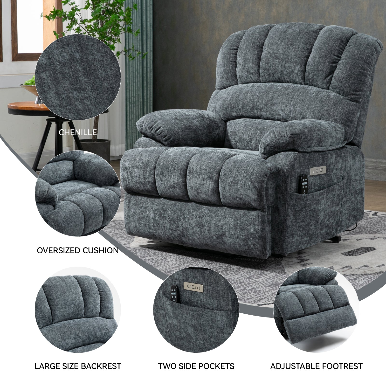 23' Seat Width and High Back Large Size Blue Grey Chenille Power Lift Recliner Chair with 8-Point Vibration Massage and Lumbar Heating - Grand Goldman Shop