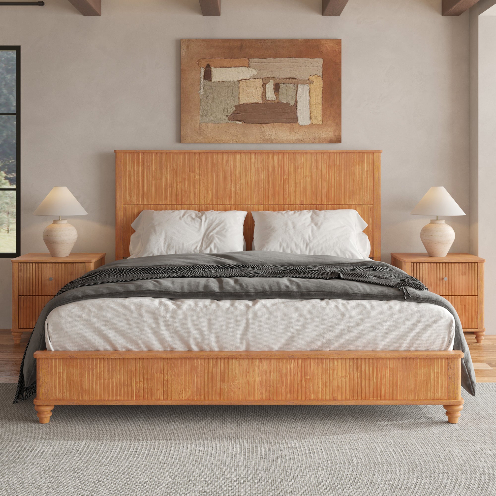 3-Piece Bedroom set with a King Size Bed and 2 Nightstands, Natural - Grand Goldman Shop
