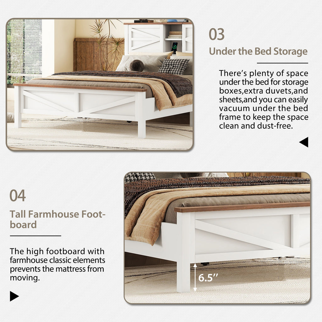 3-Pieces Bedroom Sets Full Size Farmhouse Platform Bed with Double Sliding Door Storage Headboard and Charging Station, Storage Nightstand and Dresser, White+Brown(Old SKU HL000091AAK) - Grand Goldman Shop