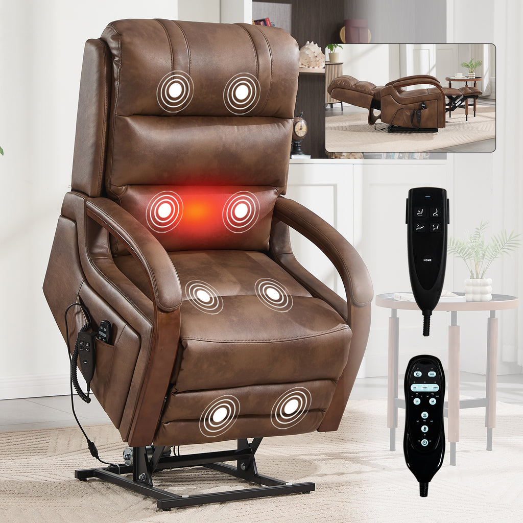 Power Brown Leatheraire Lift Recliner Chair Dual Motor Infinite Position Up to 350 LBS with Solid Wood Armrests, Heat Massage and Heavy Duty Motion Mechanism - Grand Goldman Shop