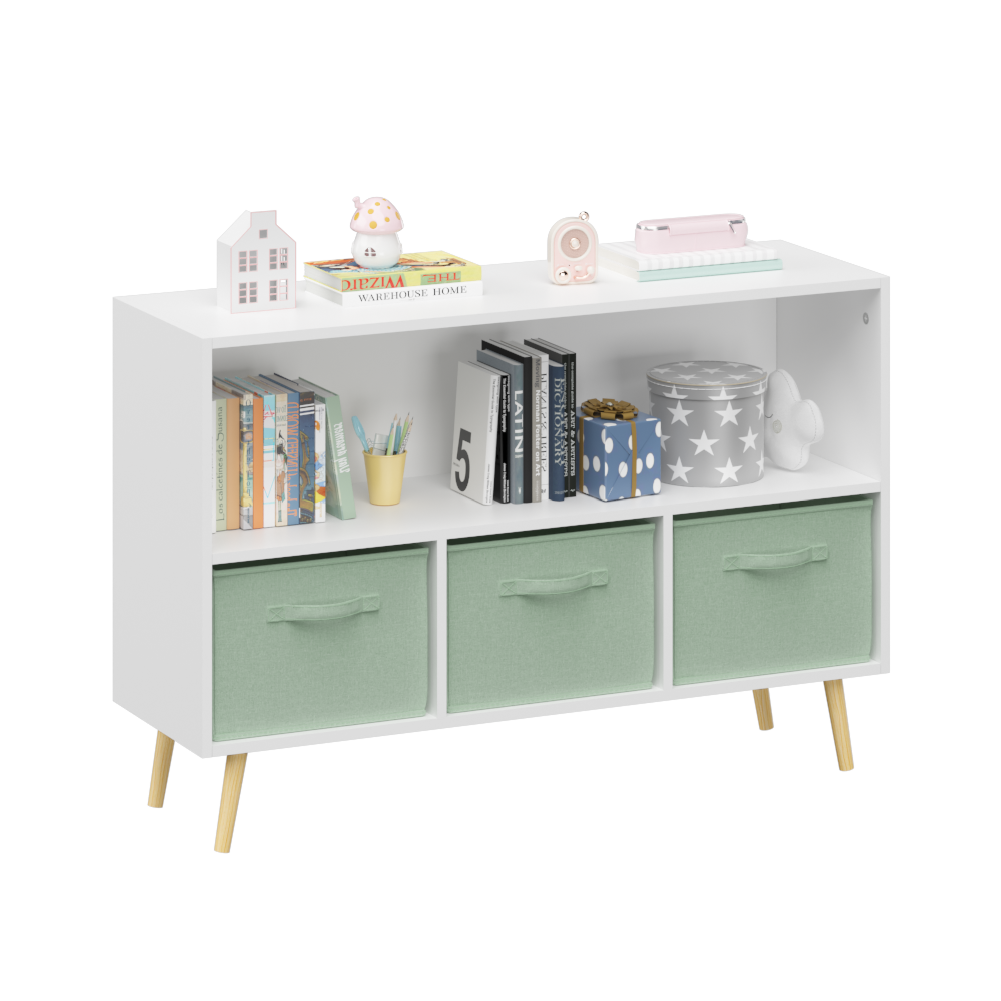 Kids bookcase with Collapsible Fabric Drawers, Children's Book Display, Toy Storage Cabinet Organizer, White/Green | Premium 