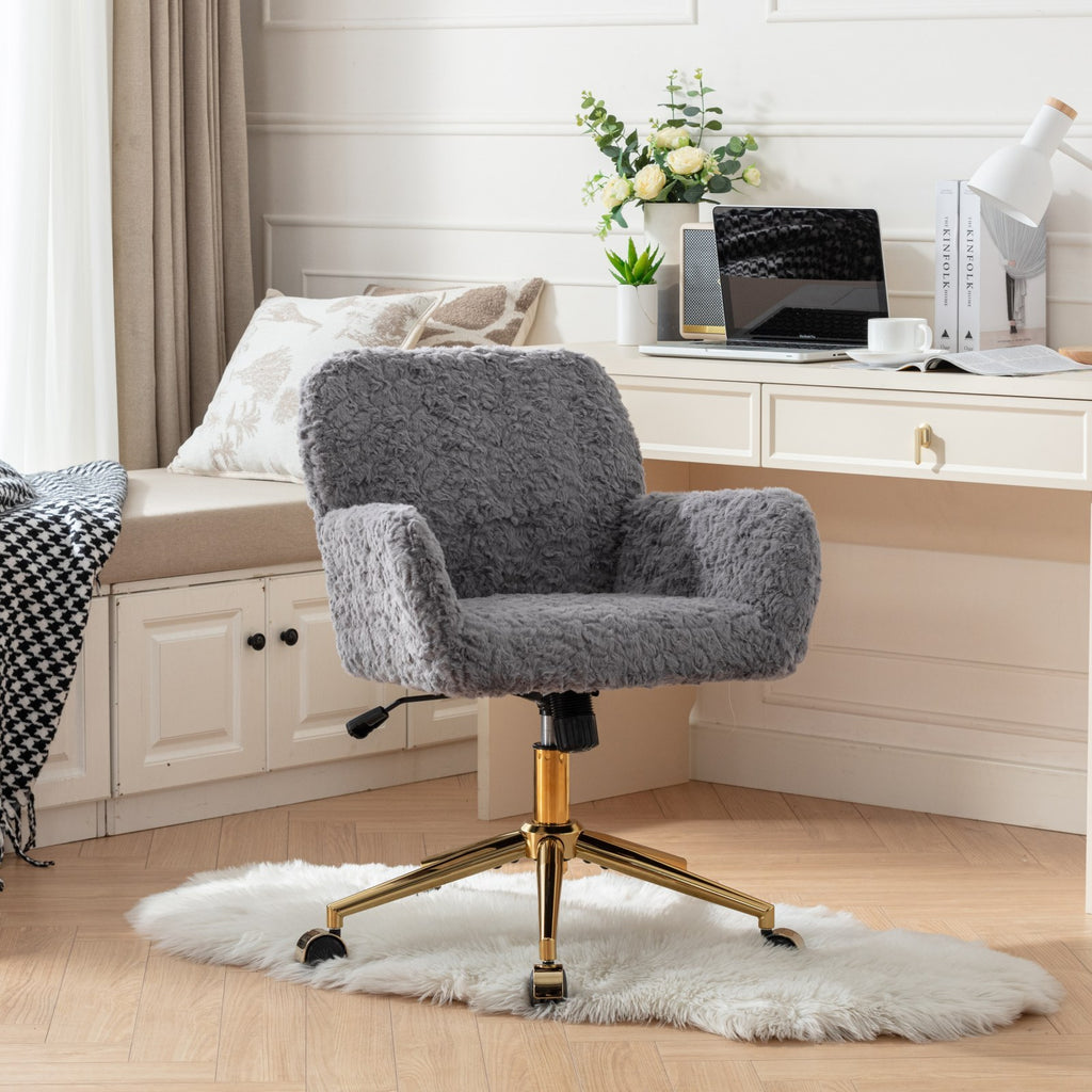 Stylish A&A Furniture Gray Adjustable Desk Chair with Artificial Rabbit Hair and Golden Metal Base - Available at Grand Goldm