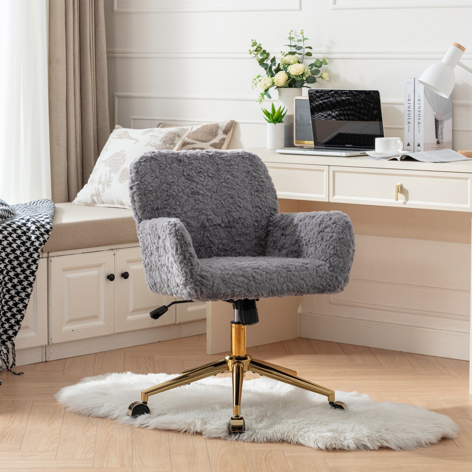 Stylish A&A Furniture Gray Adjustable Desk Chair with Artificial Rabbit Hair and Golden Metal Base - Available at Grand Goldm