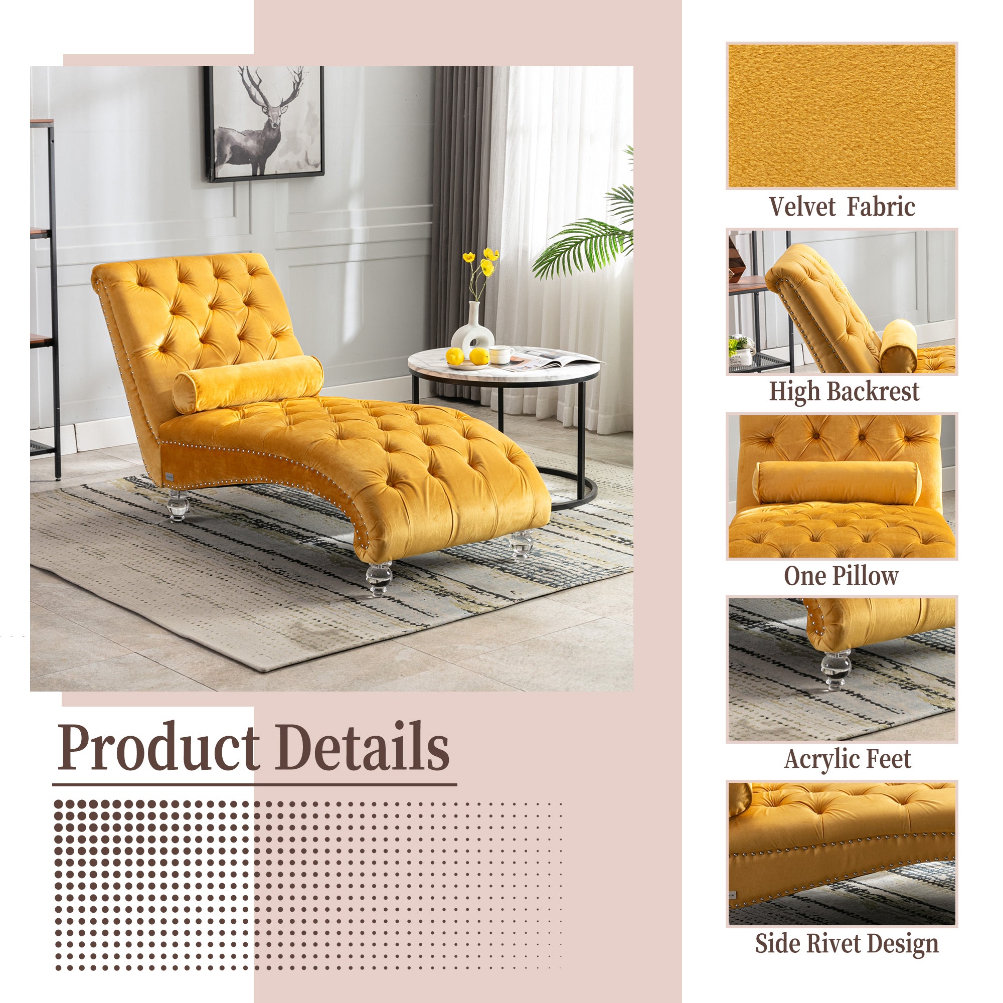 Velvet Button-Tufted Upholstered Chaise Lounge Chair with Pillow for Bedroom Living Room Office, Mustard - Grand Goldman Shop