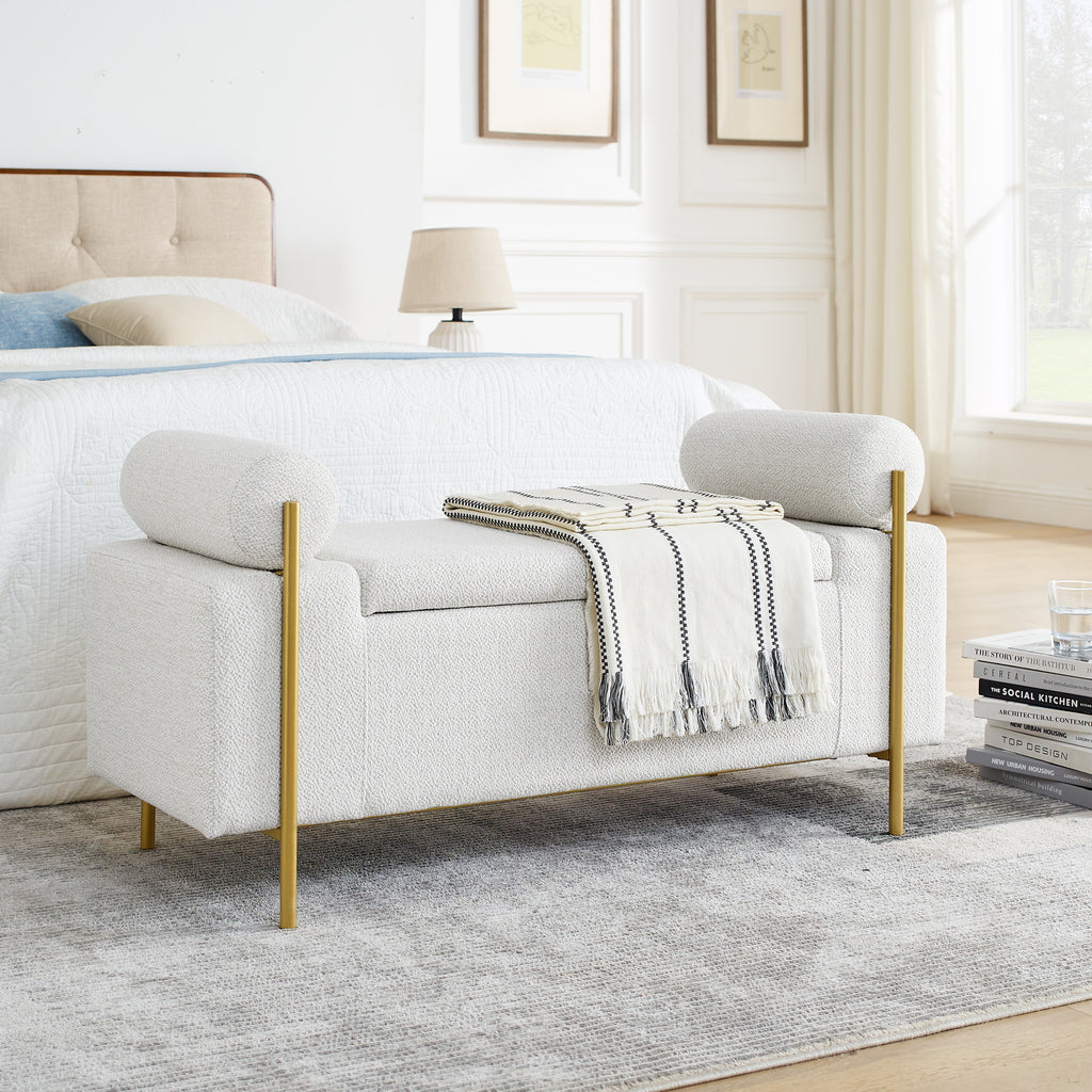 Elegant Upholstered Linen Storage Bench with Cylindrical Arms and Iron Legs, White - Grand Goldman Shop