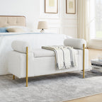 Elegant Upholstered Linen Storage Bench with Cylindrical Arms and Iron Legs, White - Grand Goldman Shop