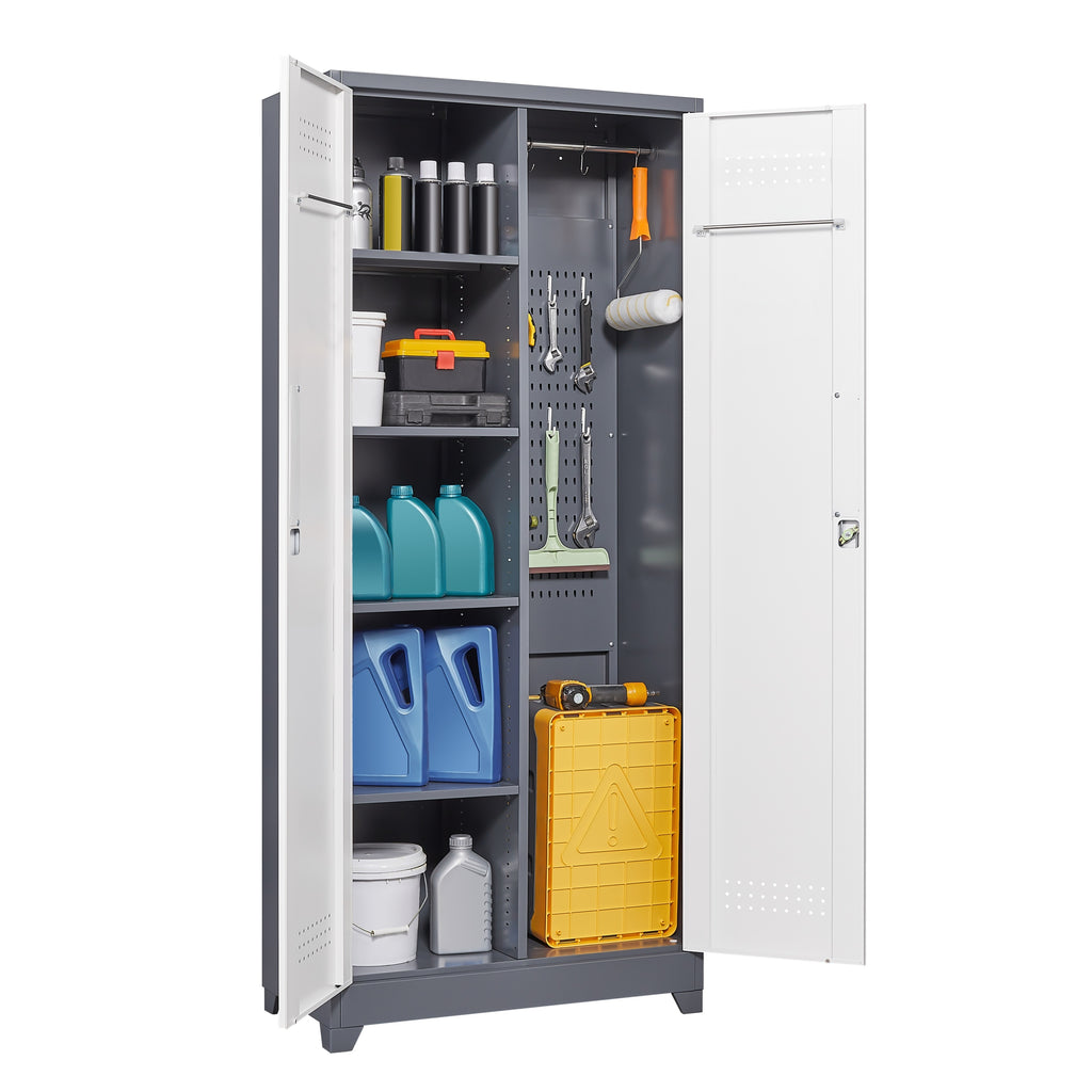 Gray Metal Lockers with Locking Doors, Adjustable Shelves, High Broom Tool Storage Cabinet, 72-Inch Kitchen, Office, Shop Org