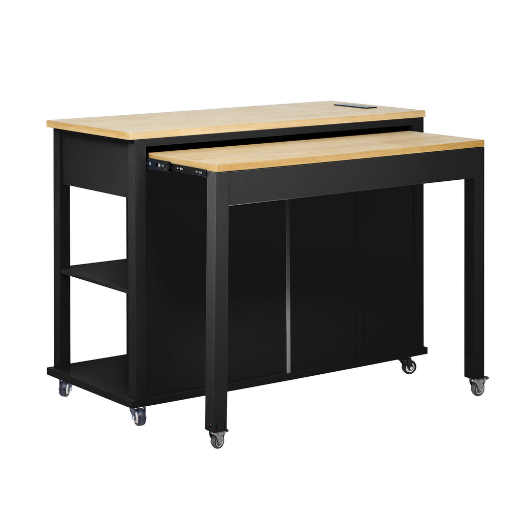 K&K 47 inch Kitchen Island with Extendable Dining Table, Rubber Wood Veneer Kitchen Table with Internal Storage Rack, Power Outlet, Kitchen island with Storage 2 Drawers 2 Cabinet, Black - Grand Goldman Shop