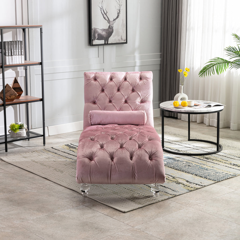 Velvet Chaise Lounge Indoor, Button-Tufted Upholstered Chaise Lounge Chair with Pillow in Pink Velvet, Comfortable Seating for Bedroom Living Room Office - Grand Goldman Shop