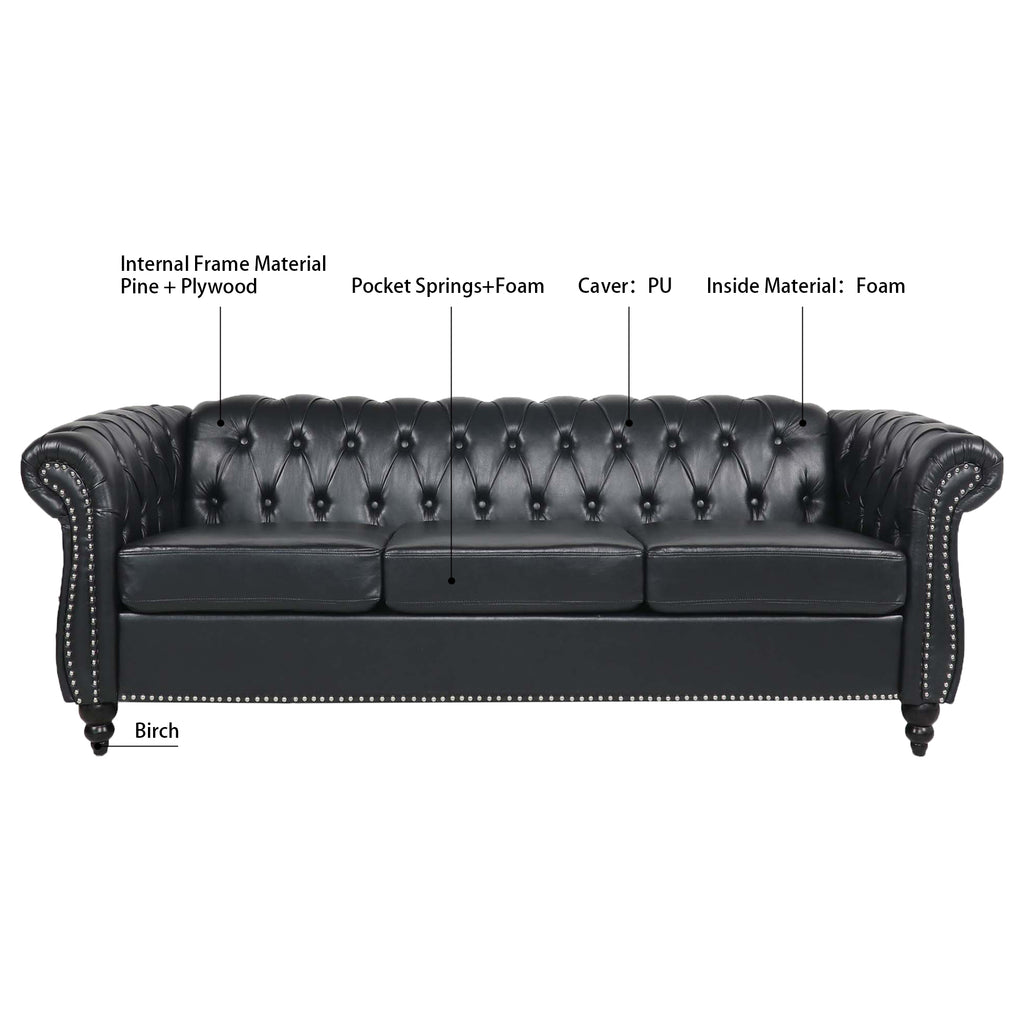 84.65' BLACK PU Rolled Arm Chesterfield Three Seater Sofa. - Grand Goldman Shop