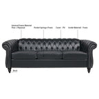 84.65' BLACK PU Rolled Arm Chesterfield Three Seater Sofa. - Grand Goldman Shop