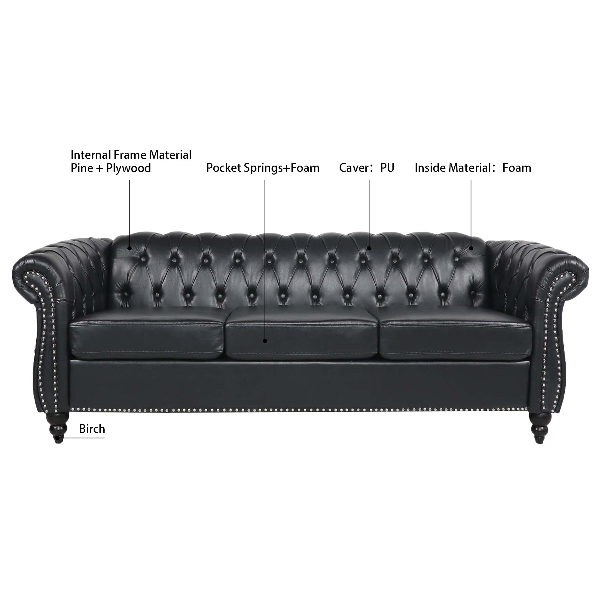 84.65' BLACK PU Rolled Arm Chesterfield Three Seater Sofa. - Grand Goldman Shop