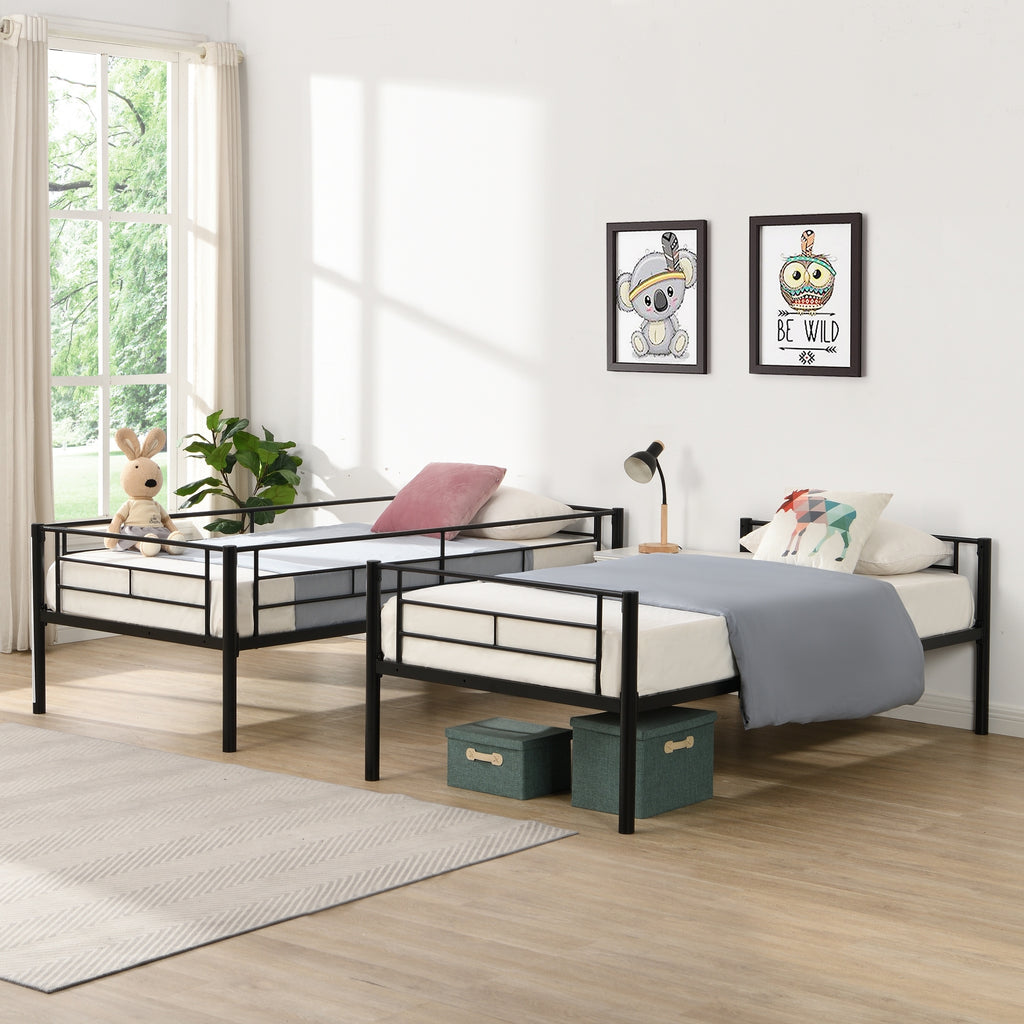 Modern Twin Over Twin Metal Bunk Bed with Trundle Black Durable Space-Saving Design - Grand Goldman Shop