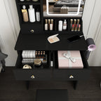 Modern Small Vanity Desk with 3 LED Lighting Modes, 3 Drawers, Open Shelves, Hair Dryer Holder, Power Socket, and Dressing Chair in Black MDF - Grand Goldman Shop