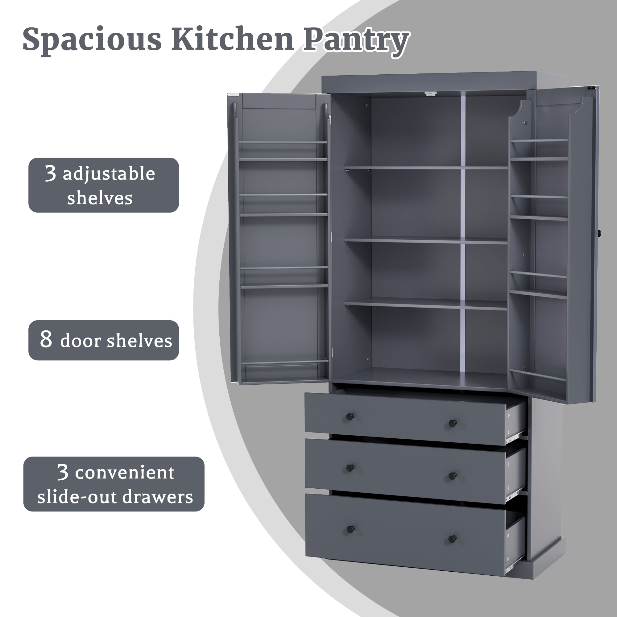 [Assembly Video Provided]TOPMAX 77inch Farmhouse Kitchen Pantry, Freestanding Tall Cupboard Storage Cabinet with 3 Adjustable Shelves, 8 Door Shelves, 3 Drawers for Kitchen, Dining Room, Gray - Grand Goldman Shop