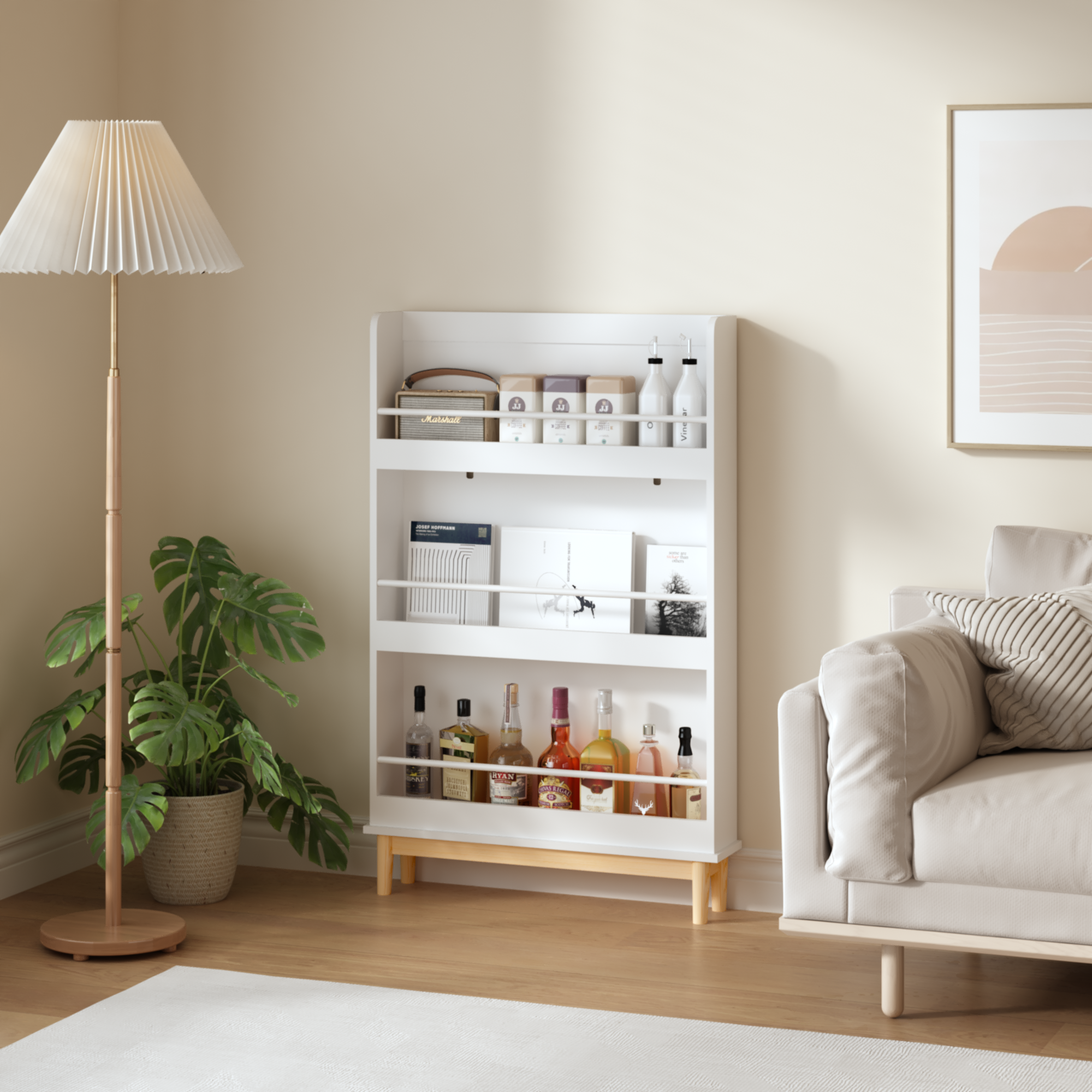 Modern White Wall-Mounted Kids Bookshelf with Natural Wood Base, 3 Front-Facing Display Shelves for Toddler Bedroom, Nursery 