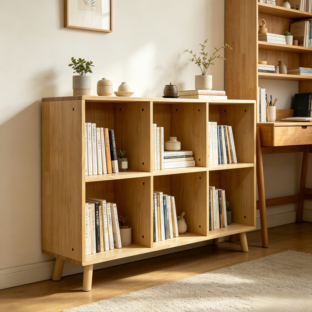 6 Cube Wooden Storage Shelf, Freestanding Open Bookcase with Legs, Natural Solid Wood Cubby Organizer for Living Room, Bedroo