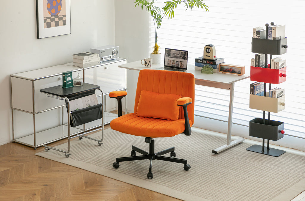 Orange Velvet Criss Cross Armrest Office Chair with Wheels - Stylish for Home Office, Gaming & Makeup - Grand Goldman