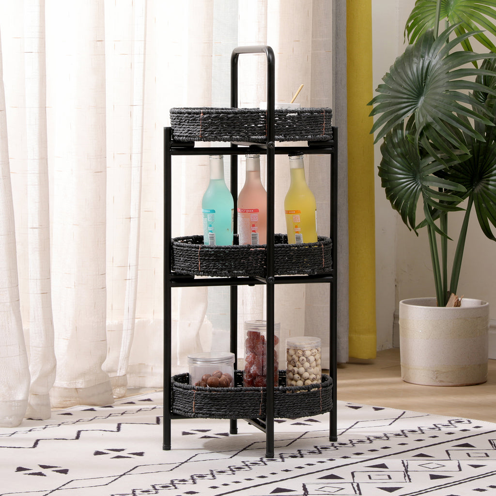 Modern 3-Tier Handwoven Side Table with Oval Organizer in Black Metal and Paper Rope - Grand Goldman Shop