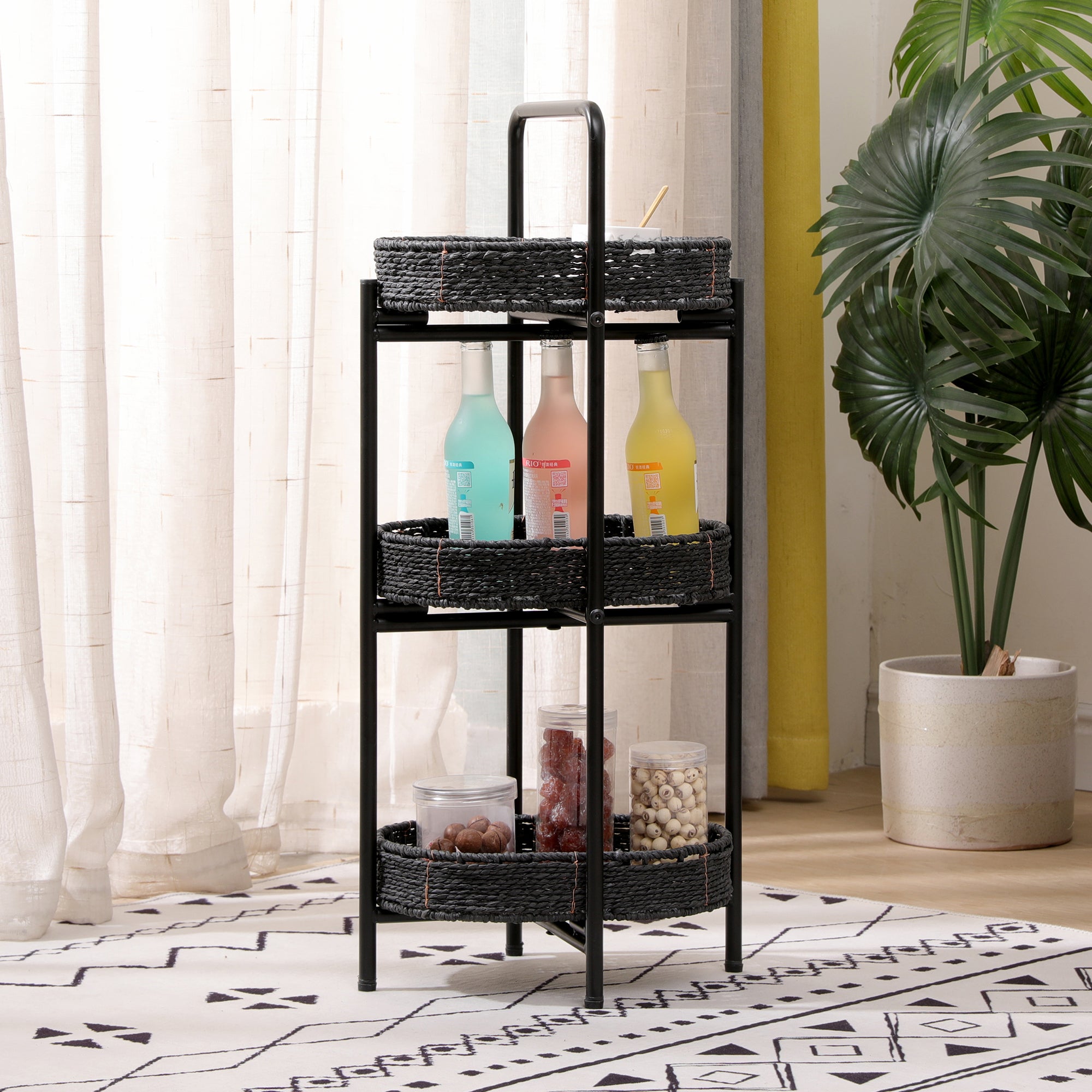 Modern 3-Tier Handwoven Side Table with Oval Organizer in Black Metal and Paper Rope - Grand Goldman Shop