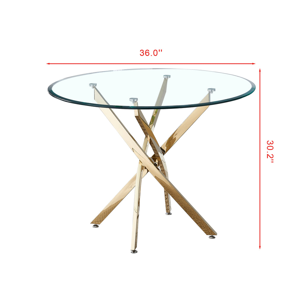 Contemporary Round Dining Table with Clear Tempered Glass and Gold Finish Stainless Steel Legs - Grand Goldman Shop