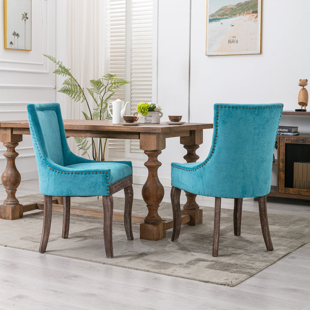A&A Furniture,Ultra Side Dining Chair，Thickened fabric chairs with neutrally toned solid wood legs， Bronze nail head，Set of 2，Blue - Grand Goldman Shop