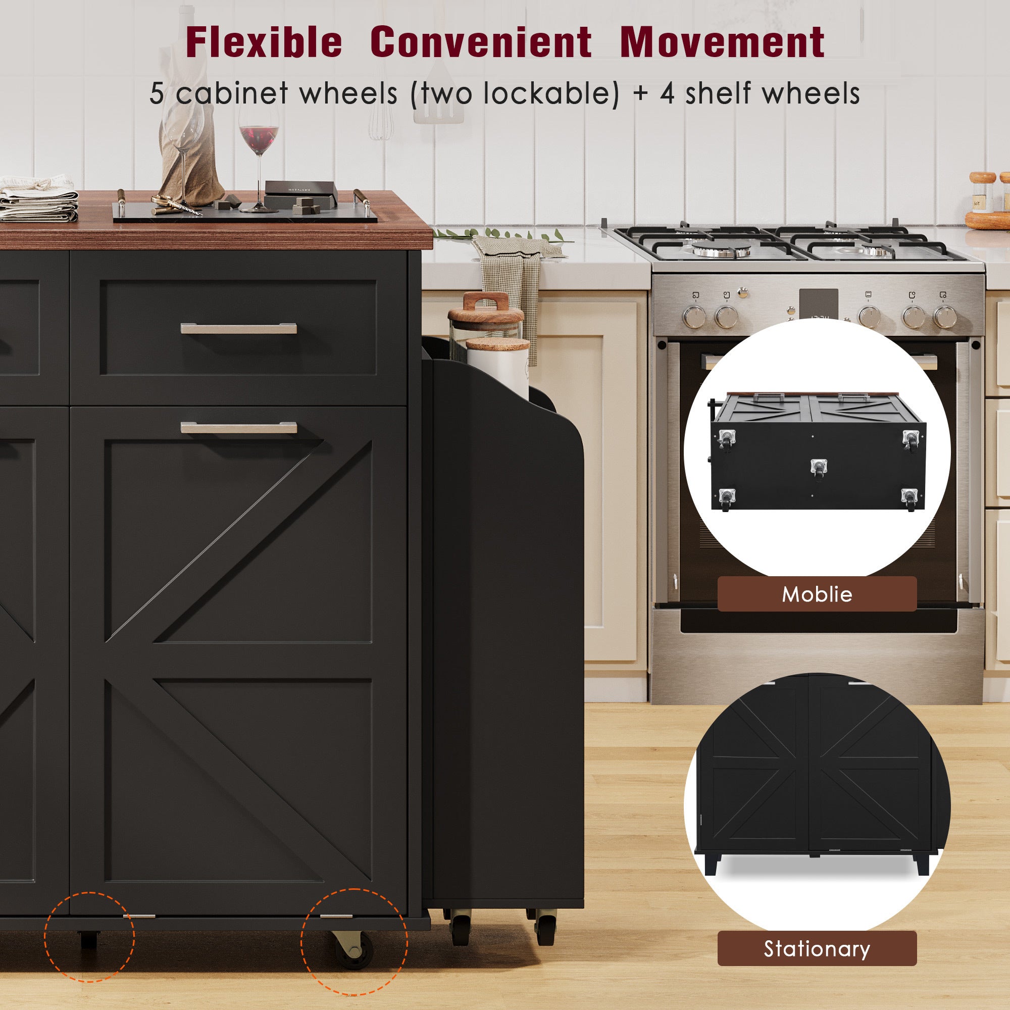 K&K 47.2' Farmhouse Kitchen Island with Drop Leaf, Kitchen Storage Island with Removable Side Racks, Two Drawers, Rolling Kitchen Cart on Wheels with Towel Rack, for Home, Kitchen, Dining Room, Black - Grand Goldman Shop