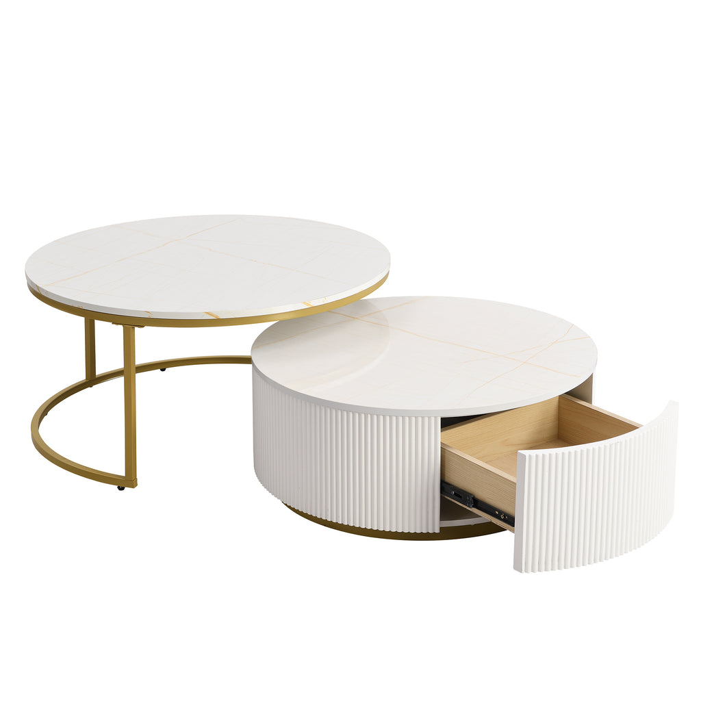 Modern Round Nesting Coffee Table Fluted with Drawer in White & Gold in 31.5'' - Grand Goldman Shop