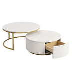 Modern Round Nesting Coffee Table Fluted with Drawer in White & Gold in 31.5'' - Grand Goldman Shop