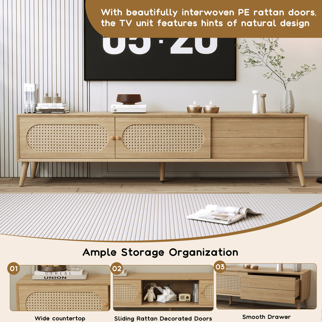Boho TV Stand for TVs up to 80'', Modern Farmhouse Media Console with Solid Wood Legs, Natural Wood Finish, MDF Cabinet, 70.8''L x 15.7''W x 17.7''H - Grand Goldman Shop