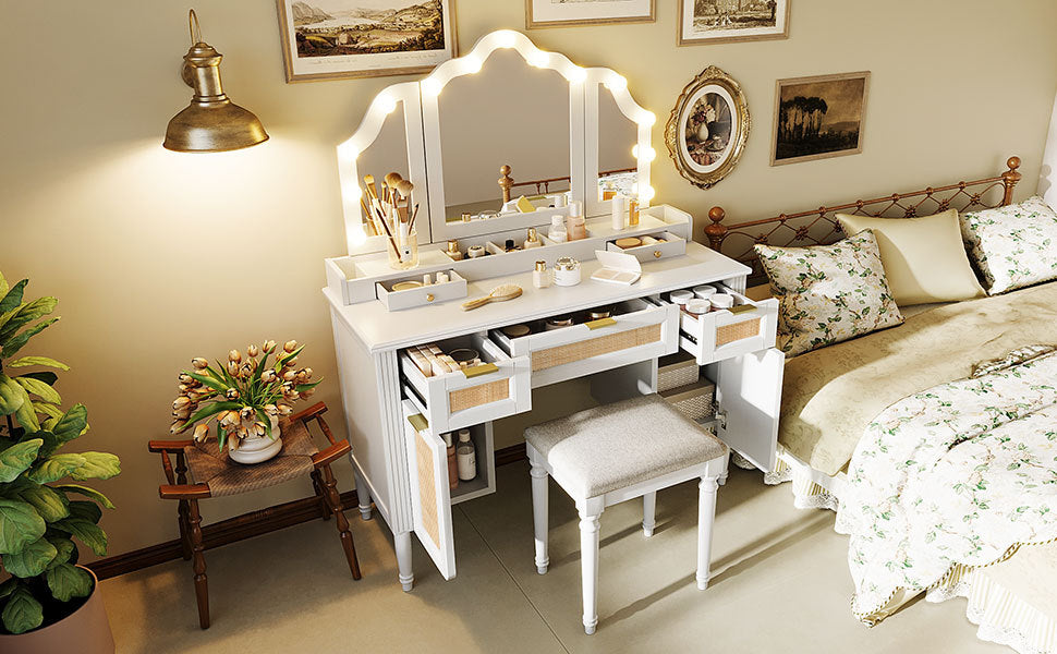 44.37 ' Makeup Vanity Desk with 13 Hollywood Bulbs and 3 Lighting Modes, Dressing Table with Tri-Fold Mirror   Large Vanity Table with 5 Drawers and Shelves and  Charging Station for Bedroom, White - Grand Goldman Shop