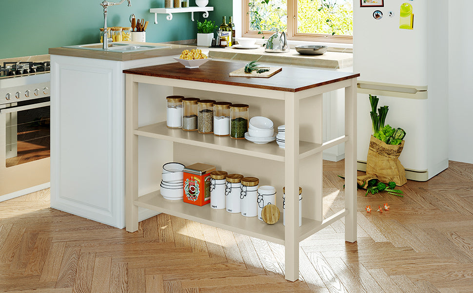 TOPMAX Rustic 3-piece Stationary Kitchen Island Set with Butcher Block and Seating, Walnut and Cream White - Grand Goldman Shop