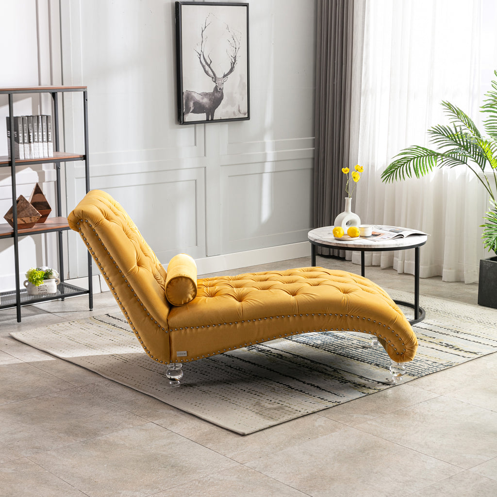 Velvet Button-Tufted Upholstered Chaise Lounge Chair with Pillow for Bedroom Living Room Office, Mustard - Grand Goldman Shop