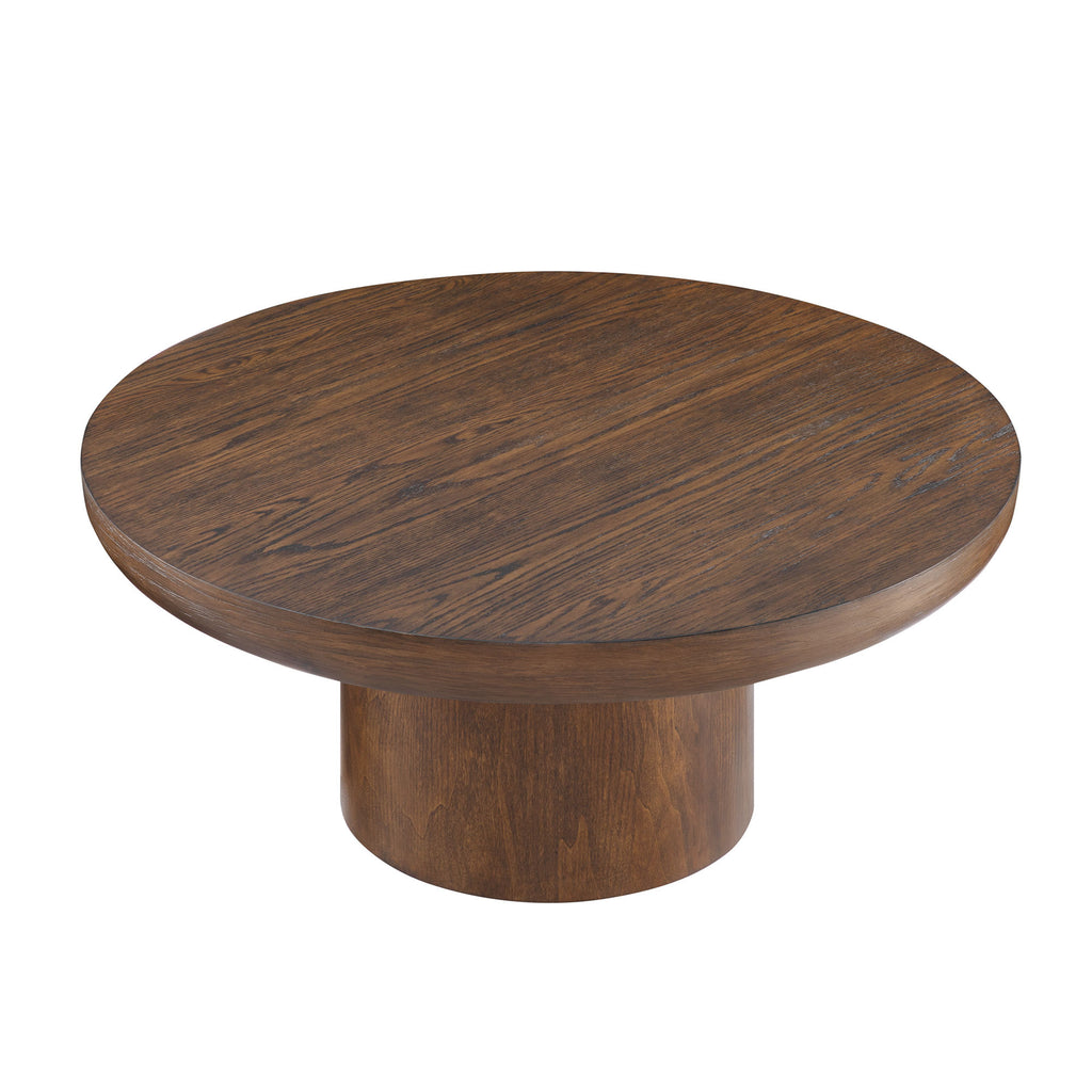 35.98inch Round Coffee Table with Cylindrical Leg,Wood Veneer Tabletop Table,Rounded Sofa Side Table for living Room Office,Brown - Grand Goldman Shop