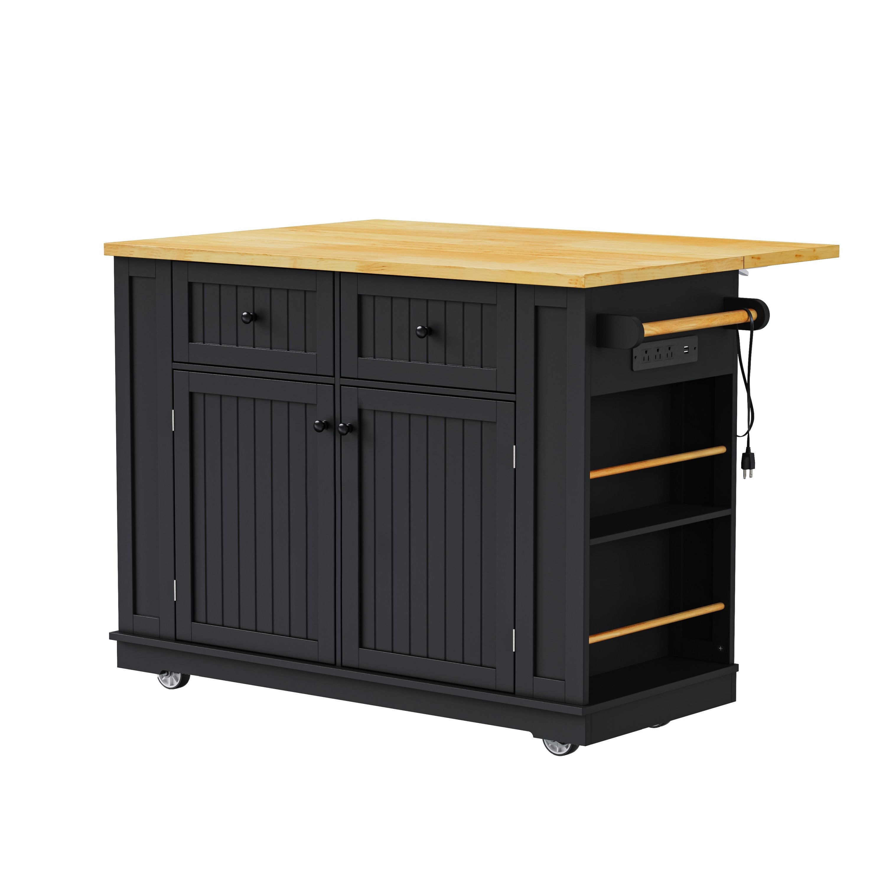 48 inch Kitchen Island with Drop Leaf,Power Outlet,Internal Storage Rack,Rolling Kitchen Storage Cart on 5 Wheels with 5 Open Side Racks,for Kitchen,Black (Old SKU N707P257057B)(Not Include Stools) - Grand Goldman Shop