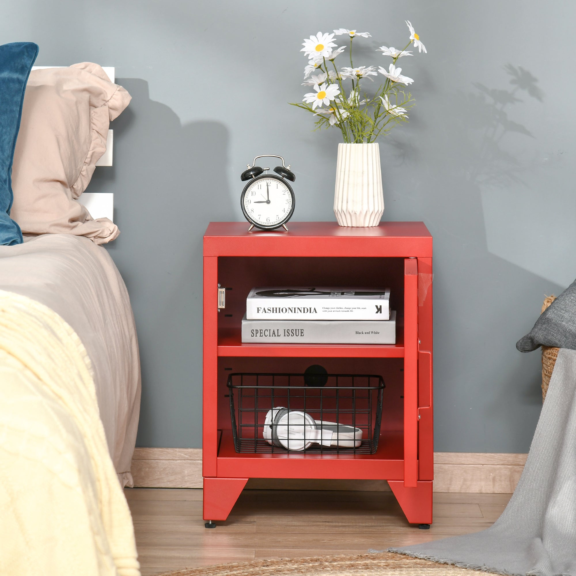 HOMCOM Industrial End Table, Living Room Side Table with Locker-Style Door and Adjustable Shelf, Red - Grand Goldman Shop