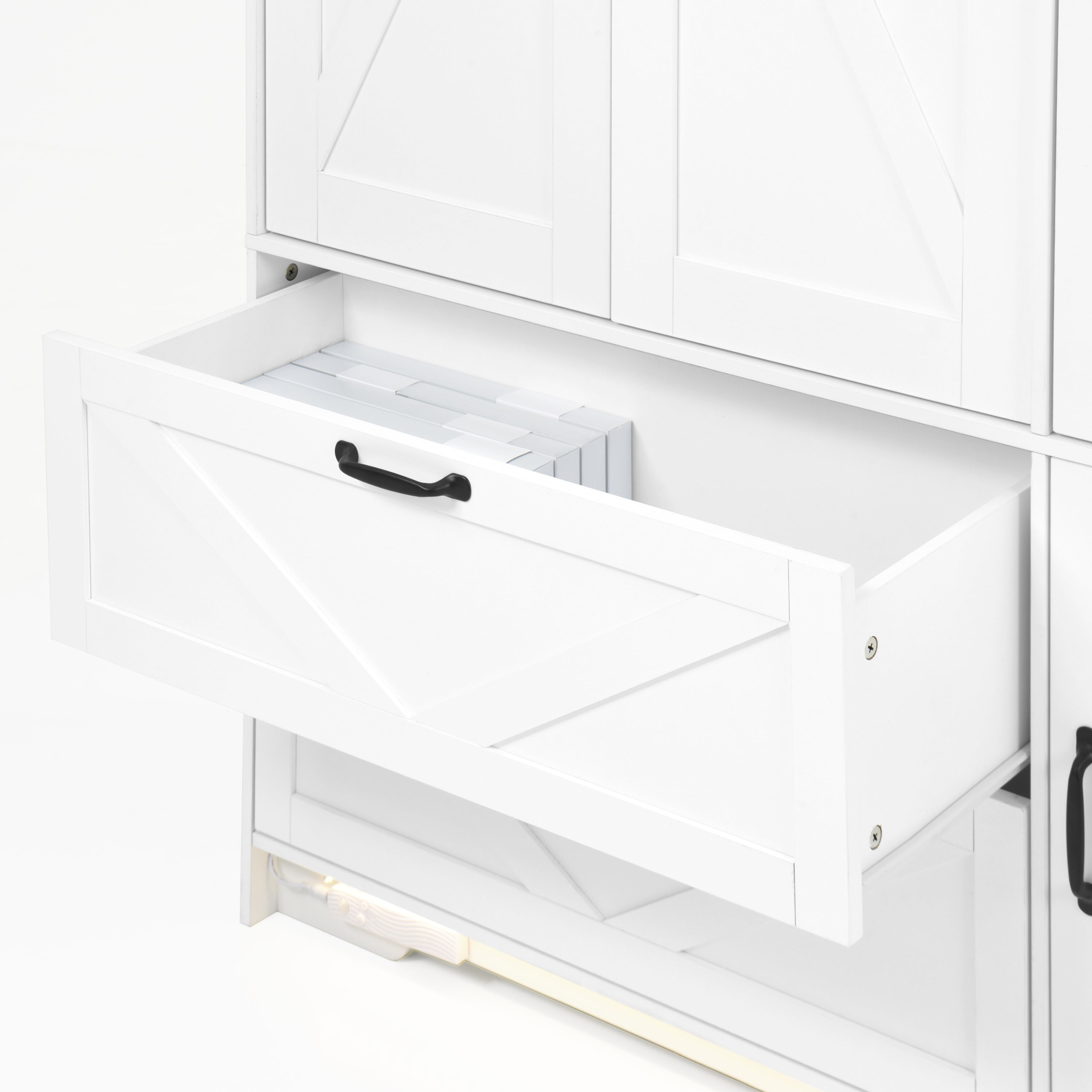 4 Doors Wardrobe Closet with Mirror, LED Wardrobe with Doors and 2 Drawers, Wooden Wardrobe Storage Cabinet with Hanging Rod, Adjustable Shelves, White - Grand Goldman Shop