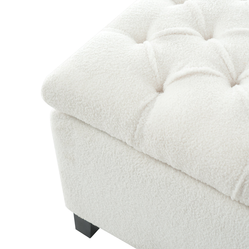Ottoman Bench with Storage, White Boucle Surface, Rubber Wood Legs, 300 lbs Capacity - Grand Goldman Shop