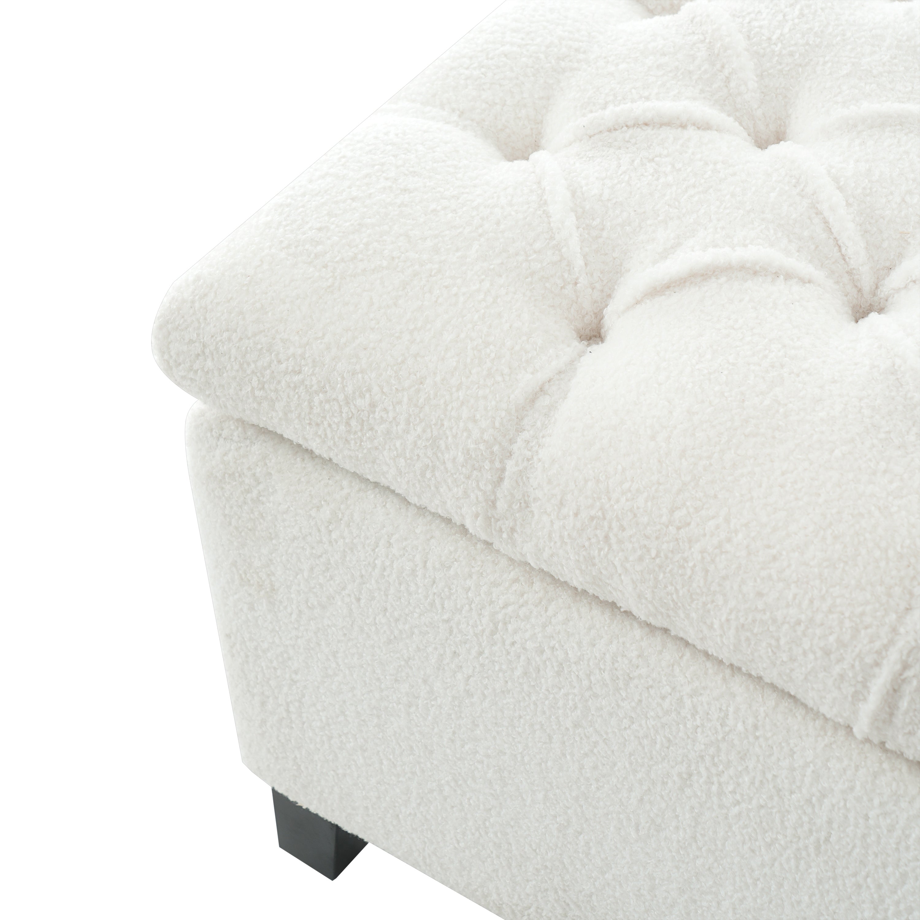 Ottoman Bench with Storage, White Boucle Surface, Rubber Wood Legs, 300 lbs Capacity - Grand Goldman Shop