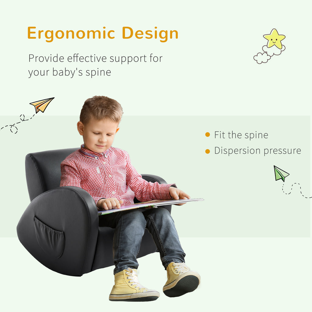 Kids Sofa Rocking Chair with Side Pocket, PU Leather Toddler Armchair for Children Grey - Grand Goldman