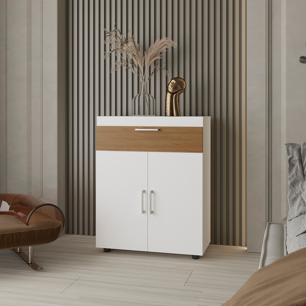 FM FURNITURE North Fork Shoe Rack, Pneumatic Lift-Up Compartment, Dual Doors, White and Natural Oak - Grand Goldman Shop
