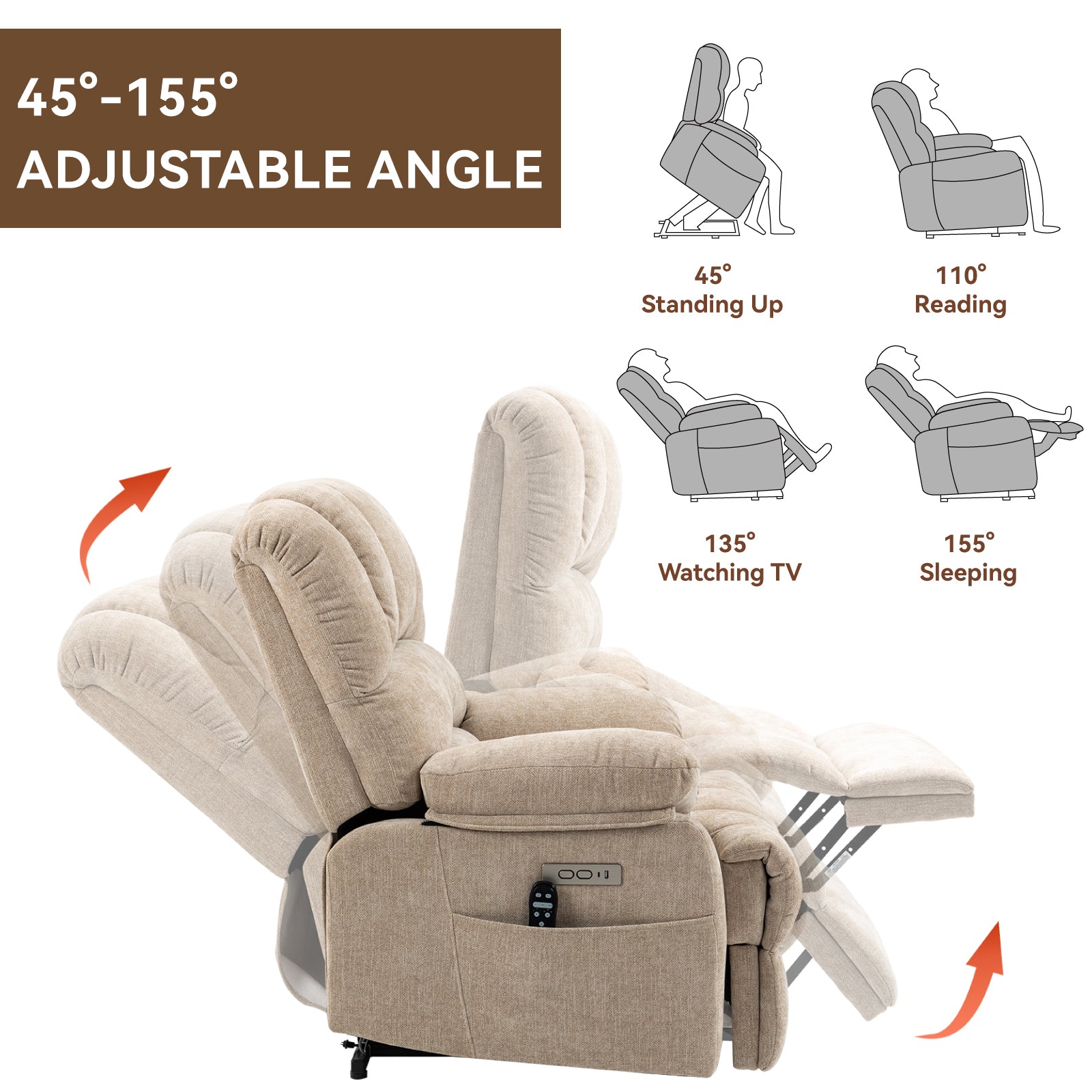23' Seat Width and High Back Large Size Beige Chenille Power Lift Recliner Chair with 8-Point Vibration Massage and Lumbar Heating - Grand Goldman Shop