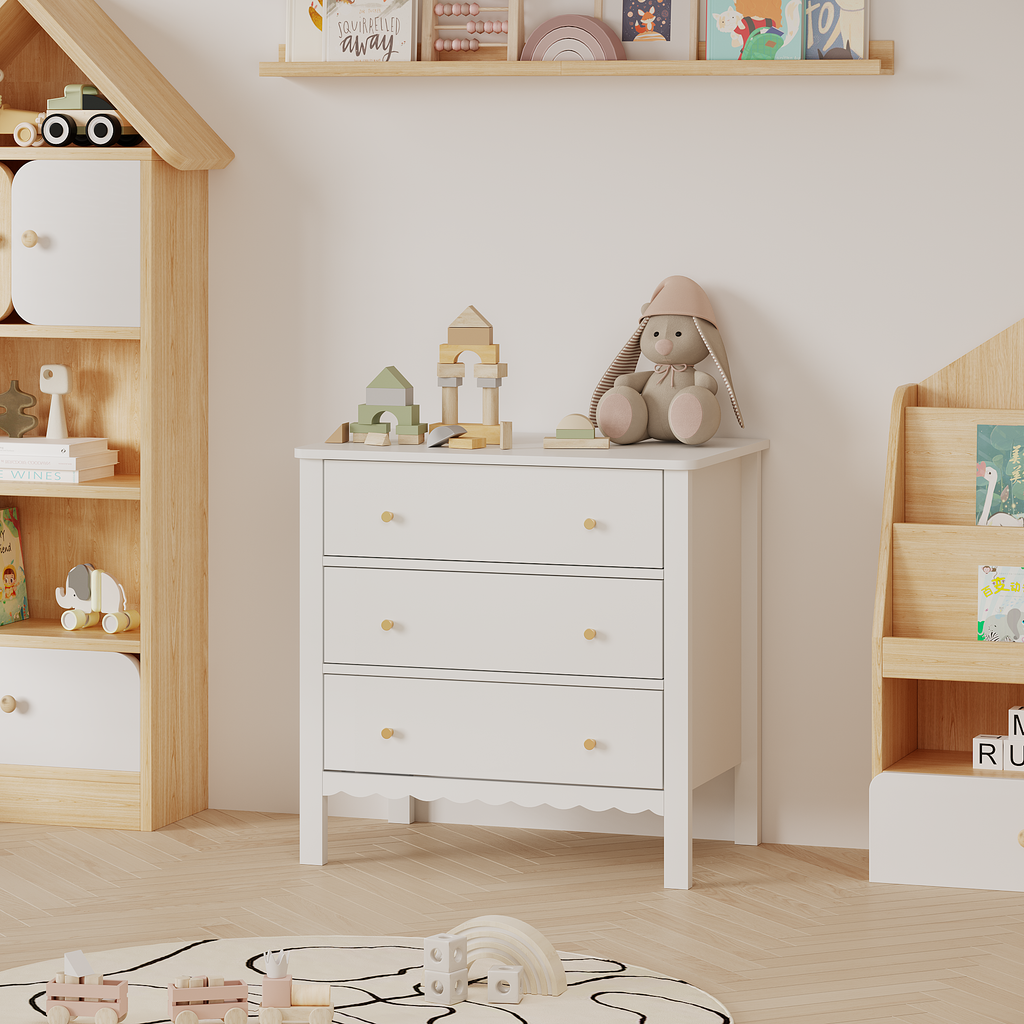 White 3 Drawer Dresser for Bedroom, Modern MDF Painted Chest of Drawers with Gold Knobs, Wooden Storage Cabinet for Kids, Nur