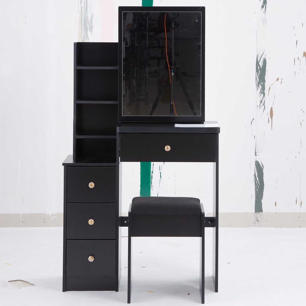 29.2' Small Space Left Bedside Cabinet Vanity Table + Cushioned Stool, Extra Large Right sliding mirror, Multi Layer High Capacity Storage, Practical Fashionable Dresser, Suitable For Small Space - Grand Goldman Shop