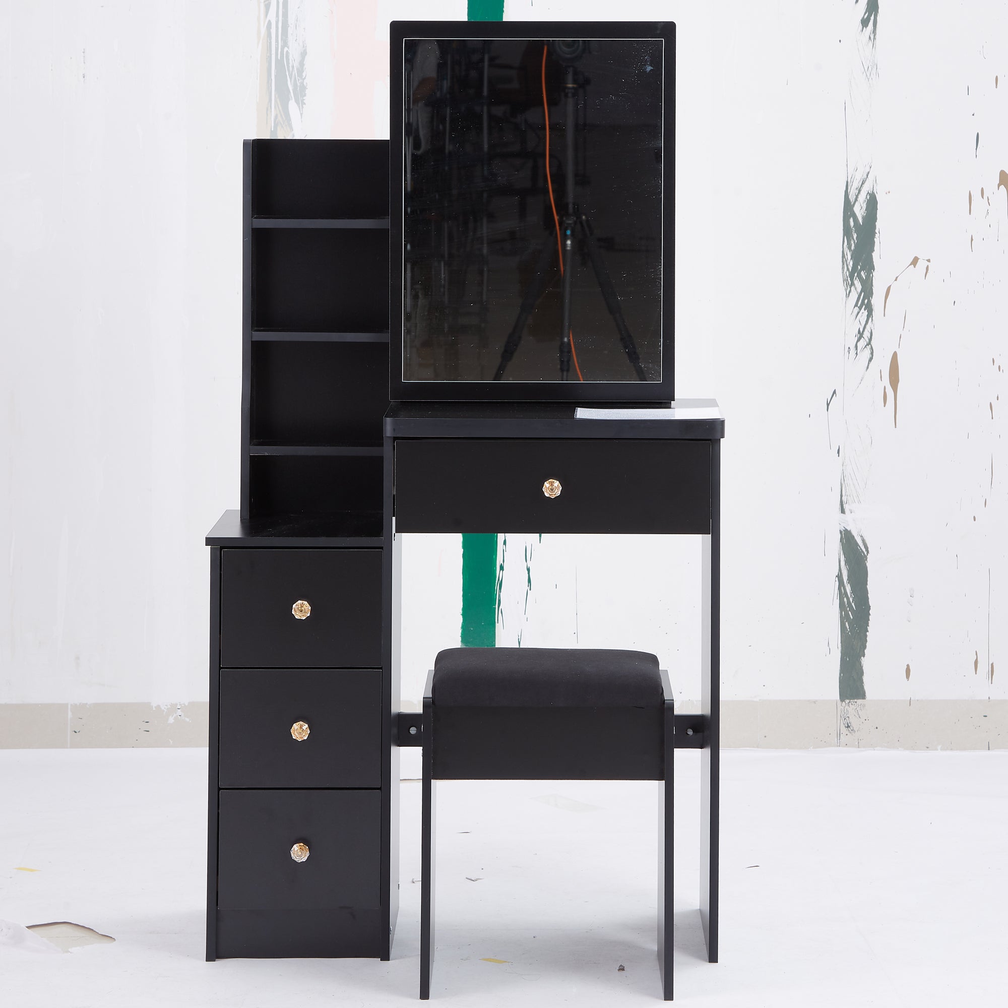 29.2' Small Space Left Bedside Cabinet Vanity Table + Cushioned Stool, Extra Large Right sliding mirror, Multi Layer High Capacity Storage, Practical Fashionable Dresser, Suitable For Small Space - Grand Goldman Shop